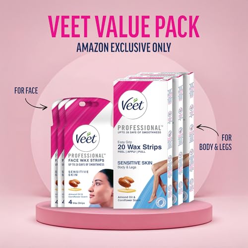 Image of Veet Full Body Waxing Strips Kit - Sensitive Skin, 20 Strips (Pack of 3) with Face Wax Strips, 4 strips (Pack of 3) | Painless, Quick & Gentle Hair Removal