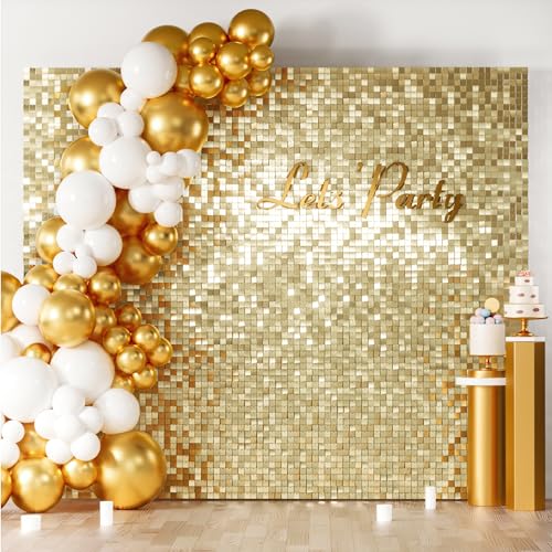 Image of COKAOBE Light Gold Shimmer Wall Backdrop, 36 Pcs Square Sequin Shimmer Backdrop Panel, Photo Backdrops for Birthday, Anniversary, Wedding, Graduation & Bachelorette Party Decoration