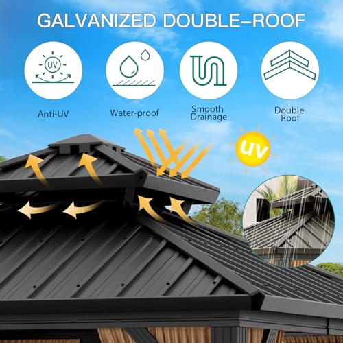 10x10ft Double Roof Hardtop Gazebo, Heavy Duty Galvanised Steel Hardtop Pavilion with Nettings and Curtains, Metal Roof Gazebo for Patio, Terrace, Lawn and Deck, Brown