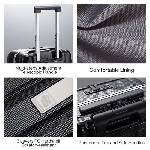 Image of Hanke Carry On Luggage Hardside Suitcase with Wheels & Front Opening, 20in 24in 26in Large Luggage Aluminum Frame PC Rolling Suitcases Travel Bag TSA Lock, Black(with laptop compartment), 20 Inch, 20 Inch Carry on Luggage Hard Shell Suitcases With Wheels