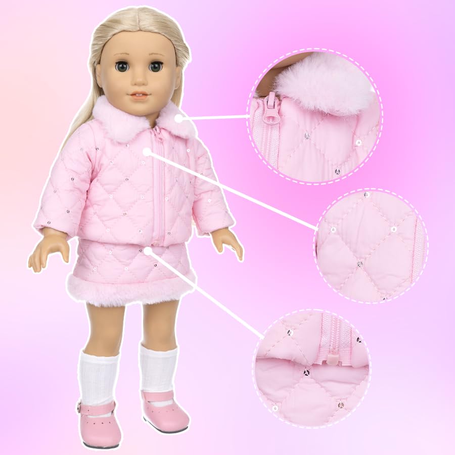 DUORUIMI Doll Clothes Winter Pink Outfit Cotton Coat Jacket Pants Skirt Suit for American Girl Doll 18 inch - Image 6