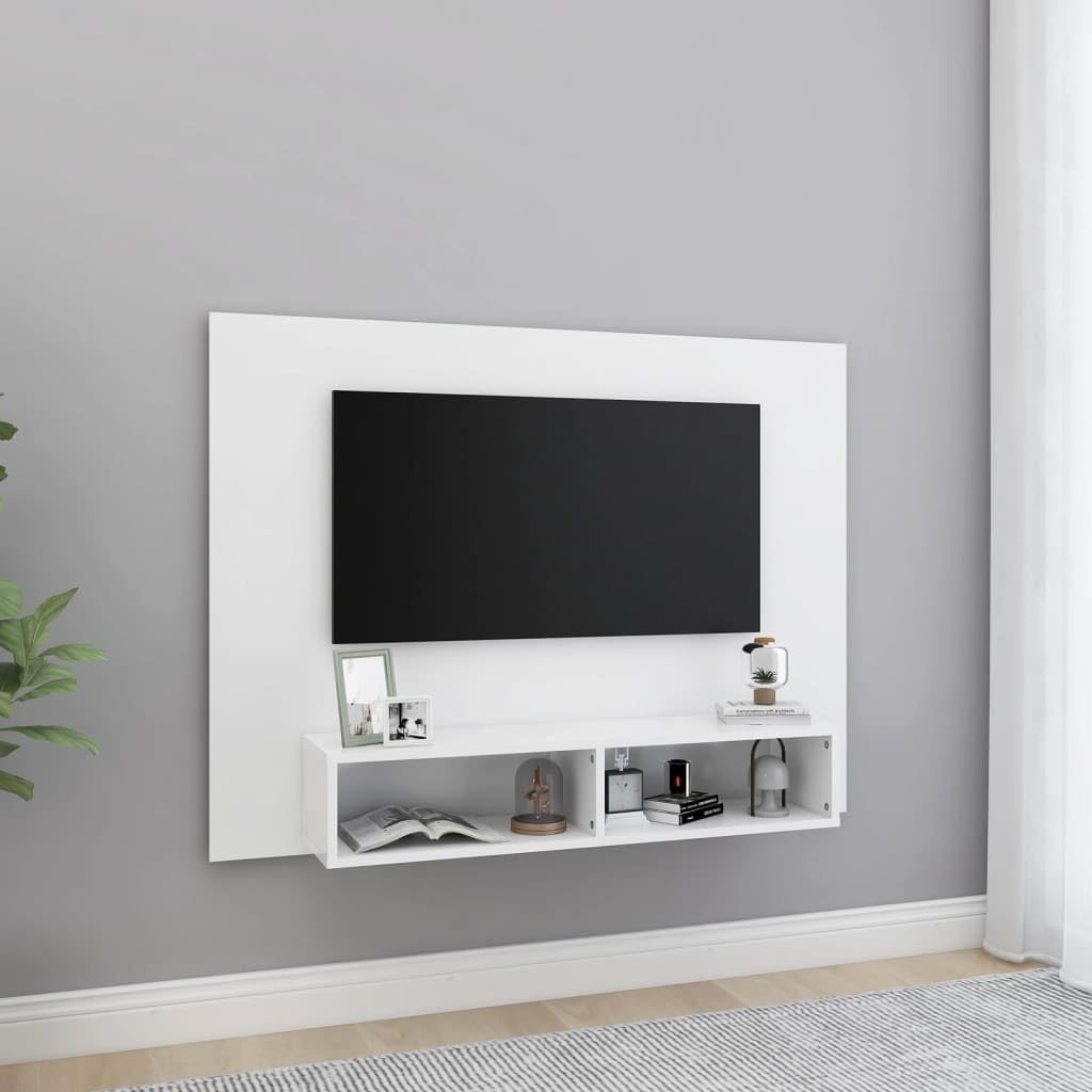 Mueble de pared para TV, color blanco, 120 x 23,5 x 90 cm, material de madera – Moderno mueble de TV colgante con compartimentos abiertos – Mueble bajo flotante para TV Salón – Mueble