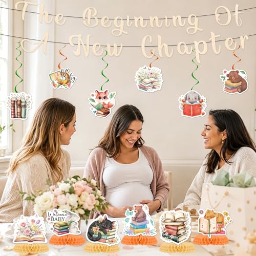 Image of a New Chapter Begins Baby Shower Decorations, 14PCS Storybook Book Themed Banners with Hanging Swirls Party Decorations, A New Chapter Begins Bridal Shower Honeycomb Centerpiece Decor