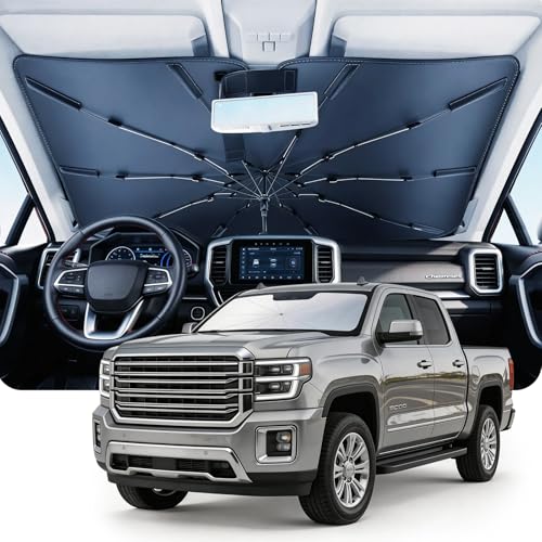 DMJN Umbrella Windshield Sun Shade for GMC Sierra 1500 2500 3500 (2014-2026) Car Sunshade for Front Windshield [Nano Ice-Crystal Coatings] UPF50+ Heat & UV Block Protect Interior & Keep Cooler