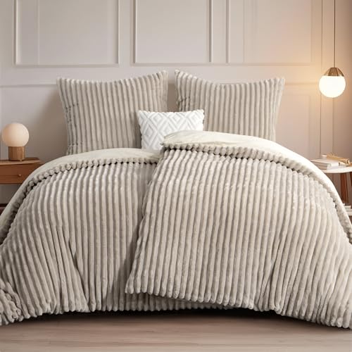 RUIKASI Winter Flanell Bettwäsche 135 x 200 4teilig Beige - Plüsch Warme Flauschig Winterbettwäsche Cord Teddy Fleece Cashmere-Touch Bettbezug mit Reißverschluss und 2 Kissenbezug 80x80cm