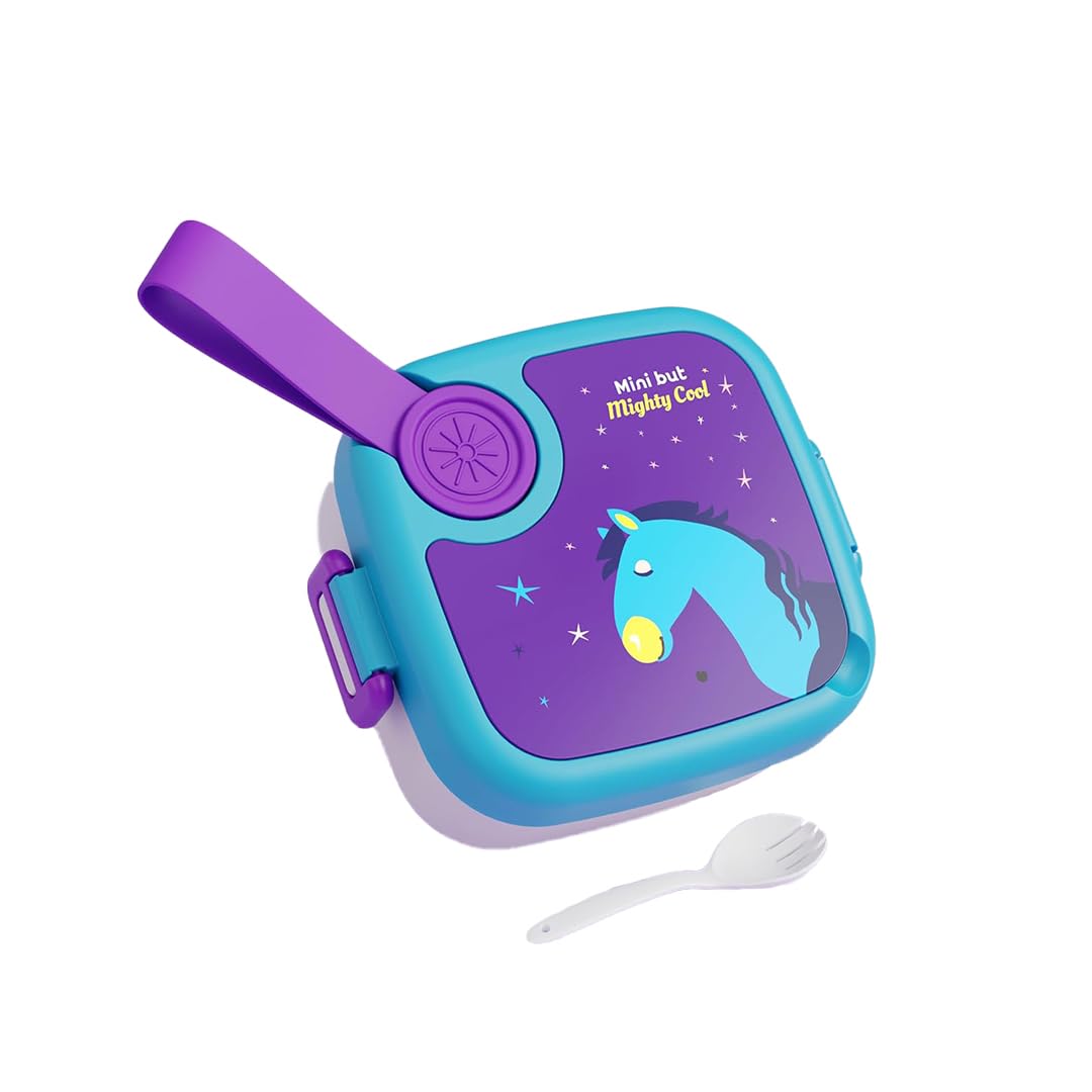 ATTRO KidsMate Horse Lunch Box Stainless Steel Comes with 1 Detachable Tray| Leak-Proof & Durable | Plastic Spoon | Ideal for Kids, School, Picnic – Blue Purple – 500ml
