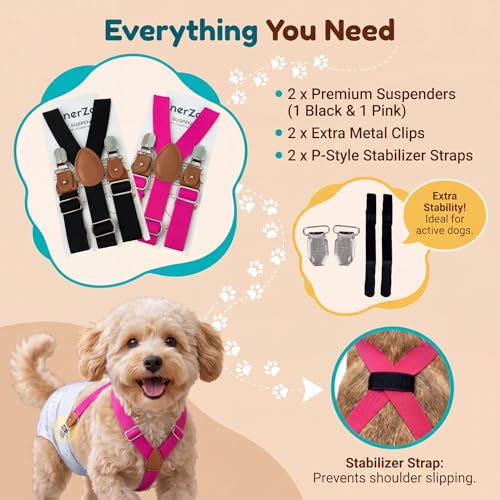 Image of 2 Pieces Dog Diaper Suspenders Escape Proof, Adjustable Belly Band for Male Dogs and Diaper Holder for Female Dogs in Heat, Washable & Reusable with 3 Clips(Navy Blue&Pink,XS /S)