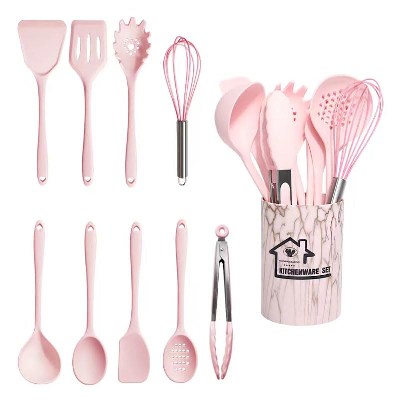 sypobo 10点セット シリコンキッチン用品セット、キッチン用品 ストレージバケット付き、食器セット、調理器具 セット、キッチンツール (ピンク/10点セット)