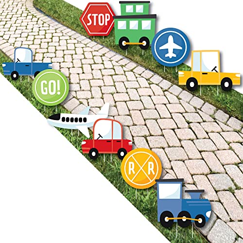Big Dot of Happiness Cars, Trains, and Airplanes - Stop Sign, Go Sign, Railroad Crossing Sign, and Airplane Sign Lawn Decorations - Outdoor Transportation Birthday Party Yard Decorations - 10 Piece