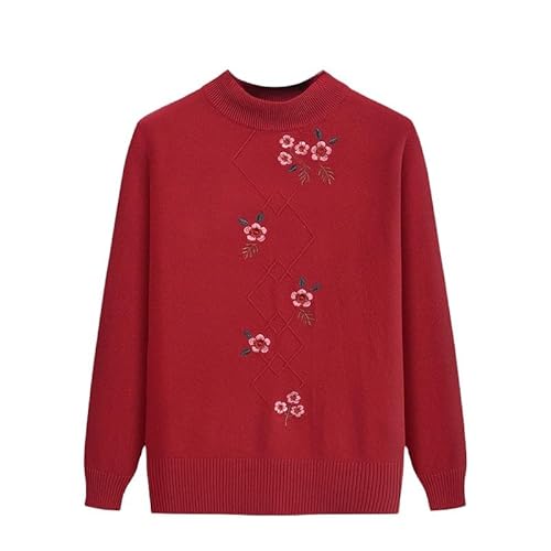 YONGHONGKEJI Maglioni per Donne di Mezza età E Anziane Maglioni per Vecchie Signore Maglieria Pullover retrò Elegante con Ricami Floreali Maglione Morbidi Vestiti per Nonne Rosso Vino L