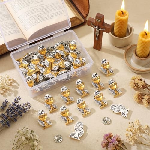 Image of Hoteam 50 Pcs First Communion Enamel Lapel Pins Bulk Chalice with Grapes and Wheat Gold Plated Religious Pins Gifts for First Holy Communion Catholic Baptism Christian Memorial Favors