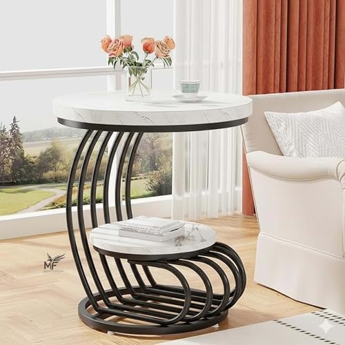 Image of MELVON End Table /Side Table with White Marble Look Engineered Wood Top & Black Metal Frame, 2 Tier Storage for Living Room, Bedroom & Bedside | Black & White