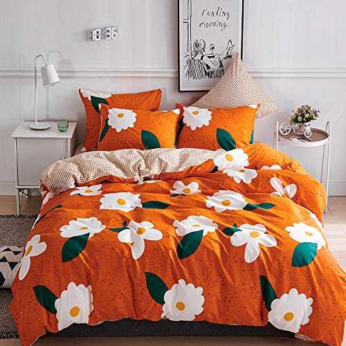 CLOTHKNOW White Floral Duvet Cover Set Cotton Twin Caramel Bedding Sets Burnt Orange Bedding Reversible Orange Grid Bedding Cover 3Pcs Bedding Duvet Cover for Boy Girl 1 Duvet Cover with 2 Pillowcases