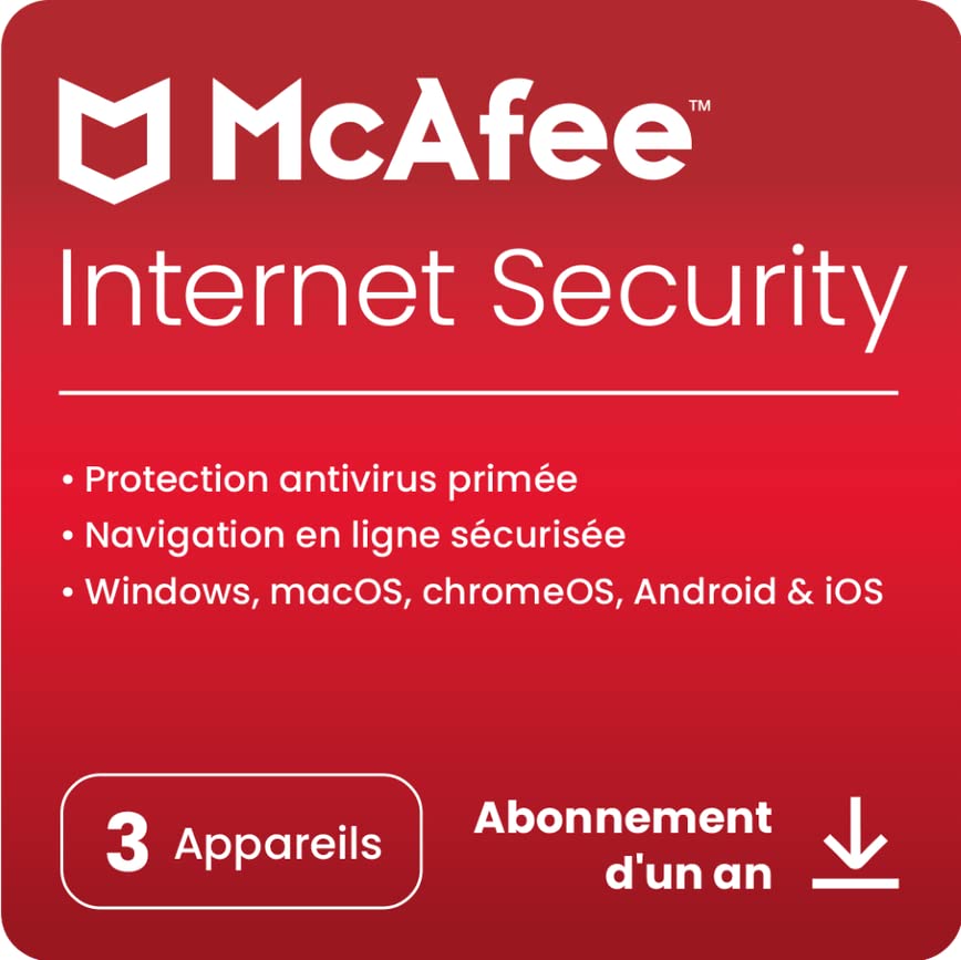 McAfee Internet Security 2023 | 3 appareils | Antivirus et sécurité Internet | Windows/Mac/Android/iOS | Abonnement d'un an | Code de téléchargement