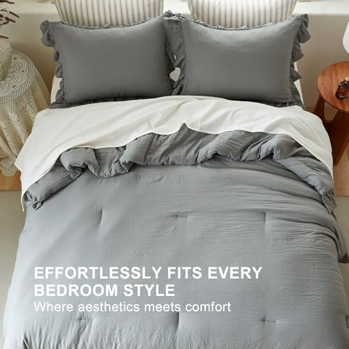 Image of Grey Ruffle Comforter Set Queen, Pre-Washed Shabby Chic Bedding Set, Lightweight Cottagecore Soft Romantic Cozy 1 Comforter & 2 Shams, All-Season