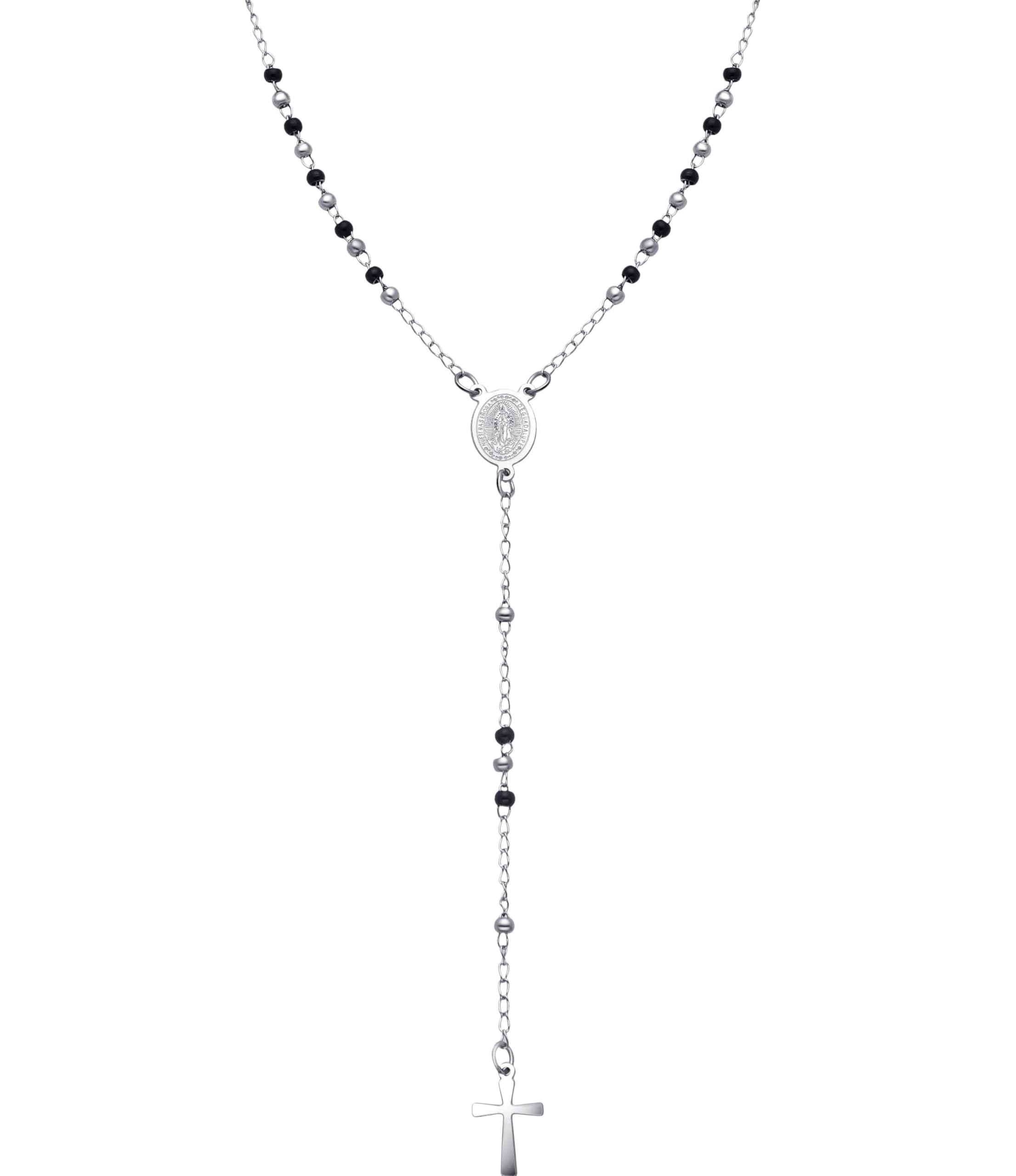 Dada Gioielli - Collana Rosario Uomo Donna Sfere Acciaio Argentato e Nero. Rosario moderno con medaglietta Madonna Miracolosa e croce