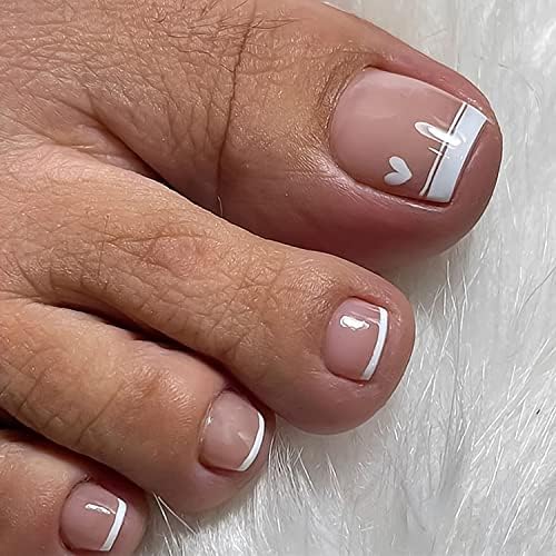 OLIUKJU French Tip Press on Toenails Nude Pink Square Fake Toenails with White Heart-Shaped Design False Nails Glossy Acrylic Toe Nails for Women and Girls 24 pcs