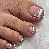 OLIUKJU French Tip Press on Toenails Nude Pink Square Fake Toenails with White Heart-Shaped Design F