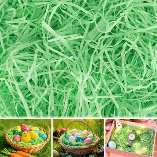 455g Ostergras Raffia Grün Verpackungsmaterial Füllmaterial Geschenk für Osterkörbe & Geschenkboxen Geschreddertes Papier für Party DIY Basteln Osternester Geschenke Dekoration