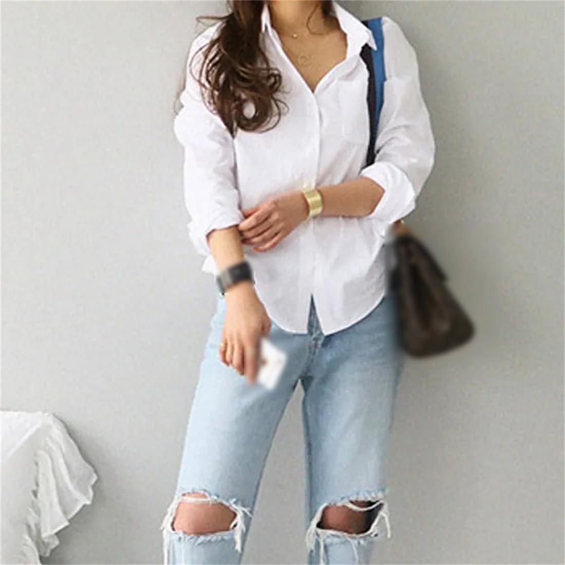 Camicia da Donna Casual Camicia Bianca in Cotone Moda Abiti A Maniche Lunghe Bottoni Larghi Stile OL Top di Grandi Dimensioni