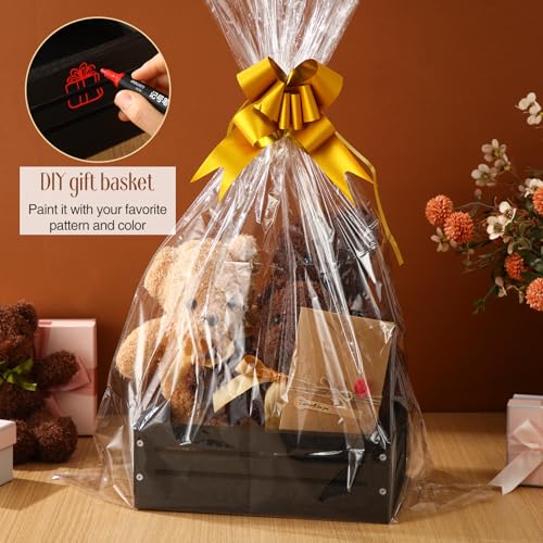 Image of Wonderjune Wooden Baskets for Back to School Gifts Empty Wood Basket with Cellophane Bag Ribbon Greeting Card for Birthday Baby Shower Wedding Housewarming Gifts Packaging(Black,Small)