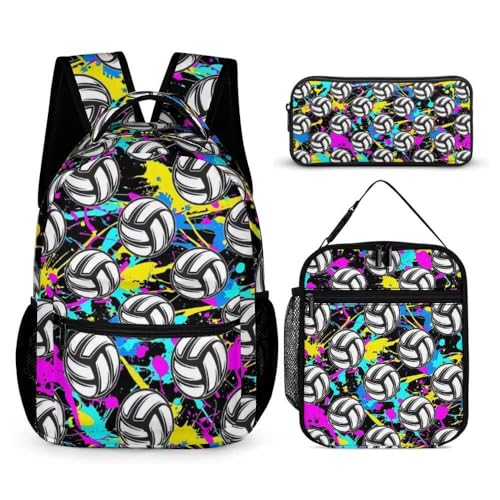 Mochila de vôlei com lancheira e estojo, 40,6 cm com tema de vôlei, ajustável, durável, leve, grande capacidade, conjunto de mochila de vôlei colorida para crianças, meninas, meninos e escolas
