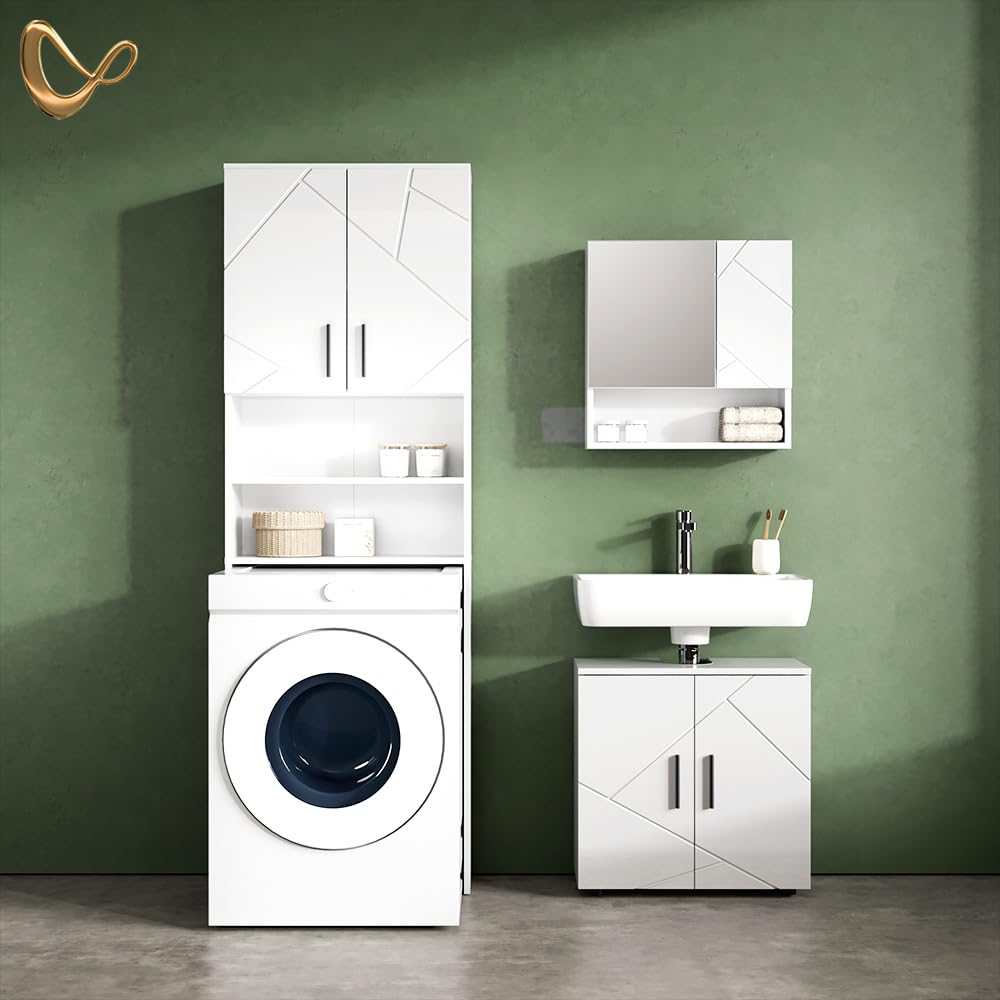 Livinity Armoire pour Machine à Laver Ronco, Blanc Brillant, 64x190.5cm