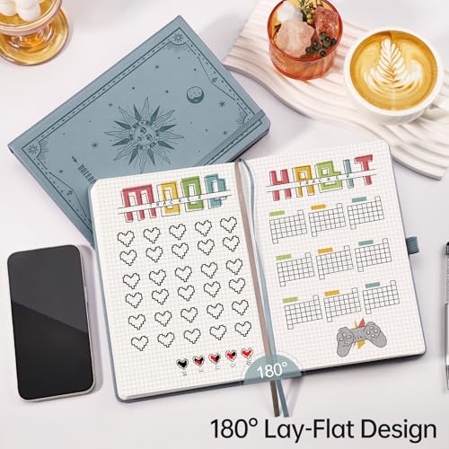 Image of EMSHOI Graph Grid Journal Notebook, 192 Pages, A5 Size (5.7'' x 8.3'') | Leather Hardcover, 100 GSM Thick Paper, for School, Note Taking, Math, Engineering, Sun Debossed (Gray Blue)
