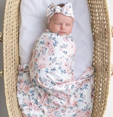Image of Baby Receiving Swaddle Blanket and Headband Sets with a Name Card for Baby Girl (Pink and Blue Floral)