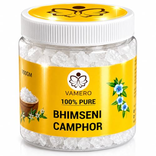 Image of VAMERO Organic Bhimseni Camphor, 100g, Original Pacha karpooram bheemsen Kapoor for Pooja, Hawan & Meditation | 100% Natural Camphor, Removing Odors & Freshens Air, Soothing Fragrance, Diffuser