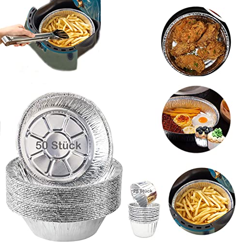 UMYMAYDO1 Aluschalen Backpapier Airfryer Lebensmittelqualität Rund Luftfritteuse Pergamentpapier with Einweg-Backbecher, Ölfest Einweg-Backpapier Liner für Air Fryer Backen Backofen Mikrowelle(Silber) Cover