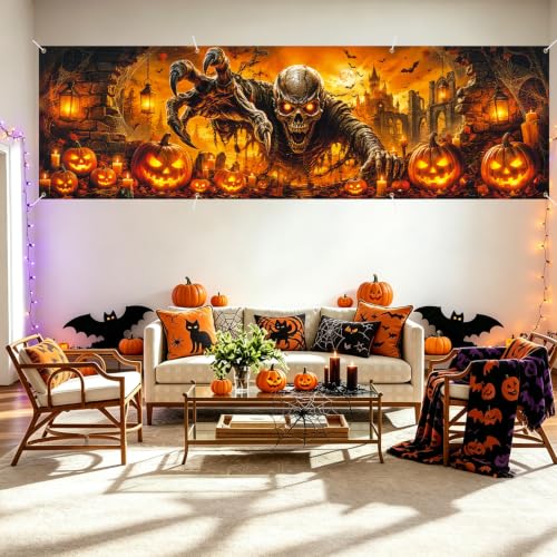 Image of Halloween Banner 118x35.4 Inch Scary Skeleton Pumpkin Party Decoration Backdrop, Creepy Skull Jack O Lantern Outdoor Yard Sign for Festival Celebration, Fence Wall Porch Indoor Outdoor