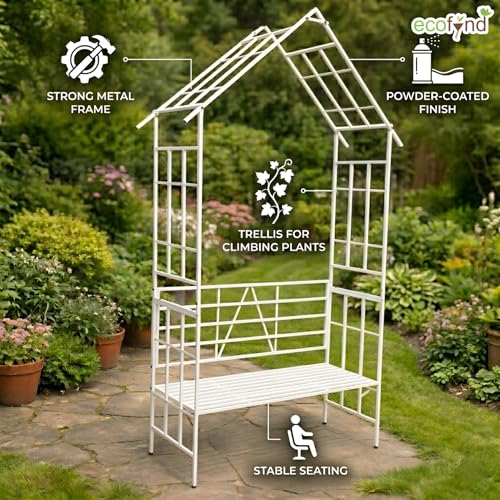 Image of ecofynd 8 Feet High x 3.7 Feet Wide 2-Seater Hut-Shaped Garden Bench, Metal Arbor Trellis for Climbing Plant with Outdoor Garden Chair, Backdrop Stand for Wedding Lawn Backyard Party Decor (GC002-WHT)