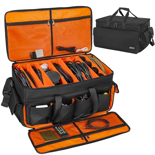 OUUTMEE Borsa per file per cavi DJ, borsa portaoggetti in nylon 1680D, organizer per attrezzature da DJ, con divisori rimovibili e base imbottita, borsa da viaggio per attrezzatura professionale da DJ