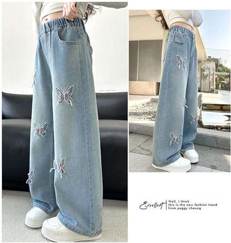 Girls Jeans Butterfly Denim Elastic Wasit Wide Leg Baggy Pants Kids Clothes 5-16 Years2