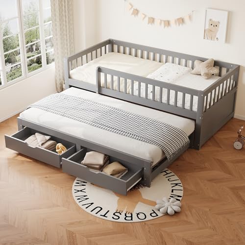 ZKLOEP Sofá cama de madera maciza 90 x 200 cm, sofá cama extensible con somier de láminas con 2 cajones, rejilla de seguridad totalmente revestida, cuna, cama juvenil, para adultos, color gris