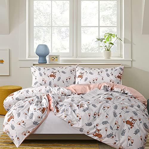 Bobode Queen Pink Peach Duvet Cover Full Cartoon Deer Duvet Cover Cute Animal Reversible Bedding Set Zipper Closure,Durable Easy-Care,Soft-No Comforter Insert