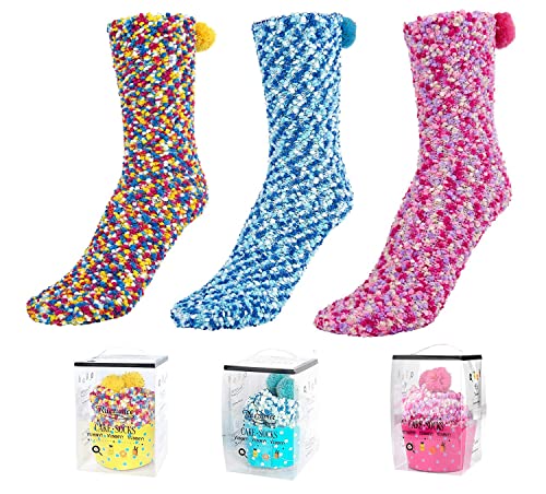 ASYBHYY Calcetines Pastel Divertidos Mujer Con Pompon Colorines De Forma, Tartas Cupcake Grueso Calcetines de Mullidos para Invierno con Caja DIY, Regalo de Cumpleaños Navidad, 3 Pares Cover
