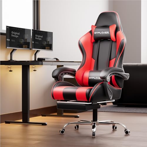 GTPLAYER Gaming Chair, Computer Chair with Footrest and Lumbar Support, Height Adjustable Game Chair with 360°-Swivel Seat and Headrest and for Office or Gaming (Faux Leather, Red)