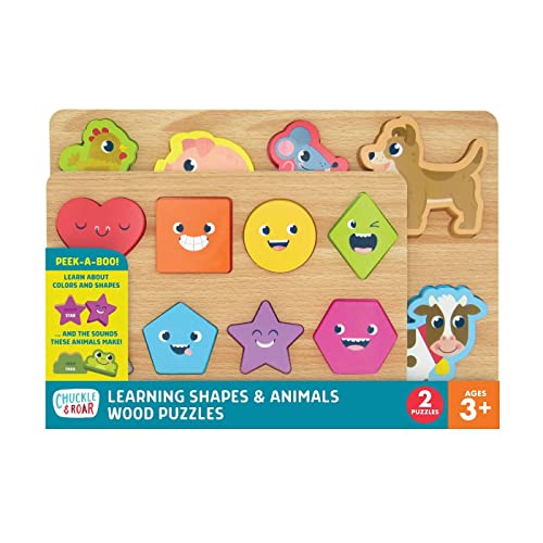 Image of Chuckle & Roar - 2 Pack Shapes and Animals Wooden Puzzles - Fun and Educational Wooden Puzzle for Kids - Develops Fine Motor Skills - 18 Total Wooden Pieces