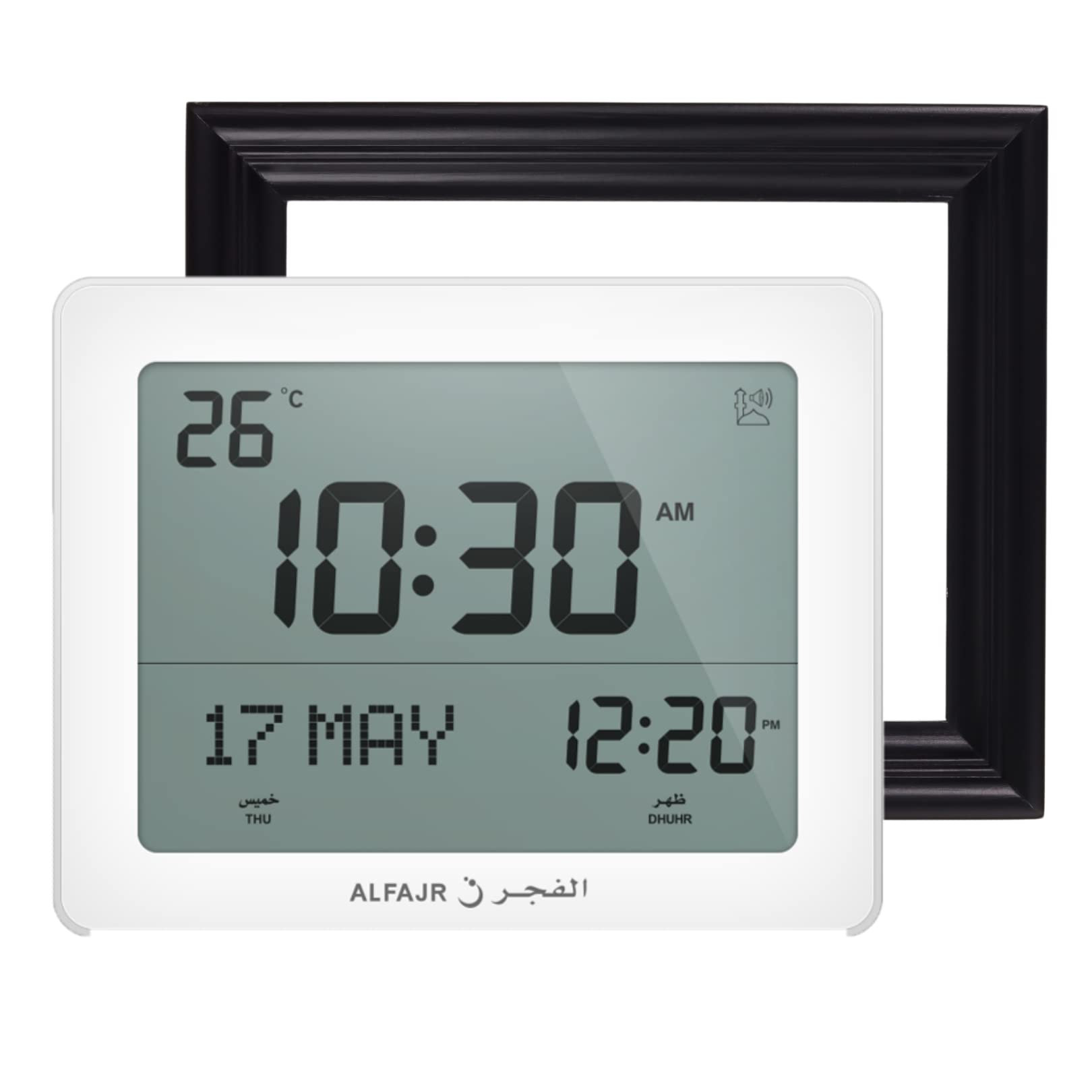 ALFAJR Automatic Worldwide Digital Azan/Athan/Nimaz Prayer Wall and Desk White Clock CF-19 with Detachable Frame (Black)