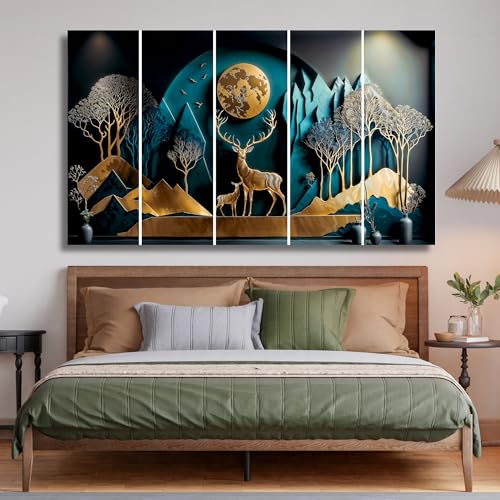 Image of Vastu Golden Deer with Moon Wall Painting Set of 5 | MDF Wall Art with Sparkle Laminated Finish | Big Size Wall Painting for Living Room & Bedroom | Elegant Wall Decor for Home & Office