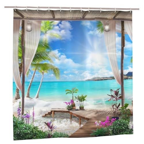 YUAOEUR 3D Landscape Garden Shower Curtain 79X72 Inch Nature Scenery Sunset at Lake View Spring Flowers Green Grass Scenery Bathroom Decoration Curtains with Hook