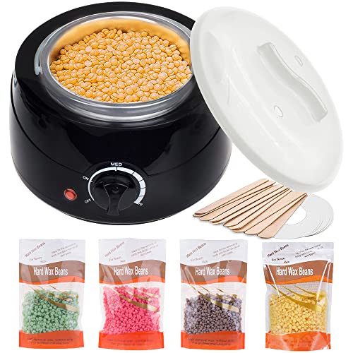 Waxing Kit for Women Wax Warmer with 4 Wax Beads, 10 Spatulas, 5 Protection Paper, Hair Removal Kit at Home Painless for Body Hair Facial Eyebrows Armpit Hair