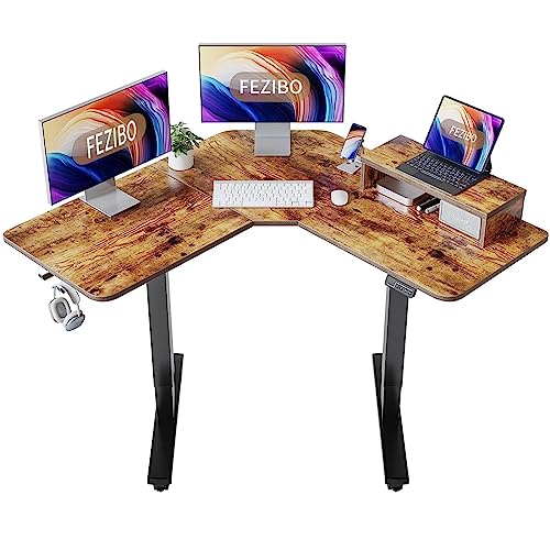 FEZIBO L Shaped Electric Standing Desk, 120 * 120 * 50 cm Adjustable Height Stand Up Desk with Monitor Stand, Sit Stand Home Office Desk with Rustic Brown Top
