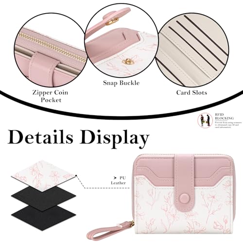 Image of BIAOTIE Wallet for Women Cute Floral Flower Wallet RFID Credit Card Holder Purse Small Bifold Zipper Coin Pocket Purse with ID Windows (Rose Pink)