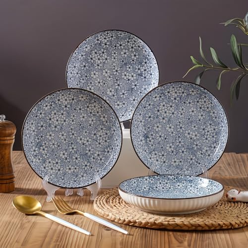 Image of Japanese Style 8-Inch Ceramic Round Dinner Plate - Microwave & Dishwasher Safe, 20.4x4.3cm Porcelain Dish for Seafood, Appetizers & Snacks, Sakura (4 Piece)