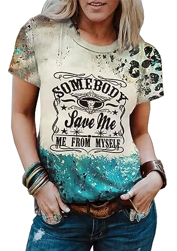 Somebody Save Me Steer Skull Bleached T-Shirt Women Vintage Country Music Graphic Tees Leopard Print Casual T Shirt