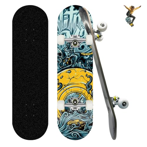 Skateboard Complete Standard Skateboard 9 Layers Maple Pro Cruiser Skateboard Double Kick Street Trick Skateboards Concave Longboard with PU Wheels for Beginners Teens Adults