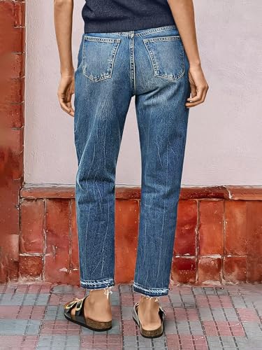 Flamingals Straight Leg Jeans for Women Mid Rise Casual Cropped Slim Fit Raw Hem Wash Detail Denim Pants4